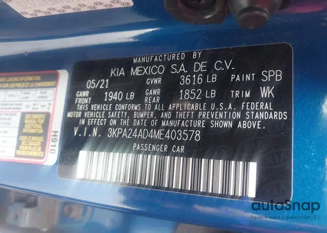 2021 Kia Rio S z USA, uszkodzony, nr VIN 3KPA24AD4ME403578